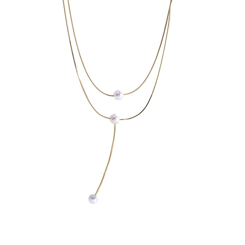 Multi Layer White Pearl Long Gold Necklace