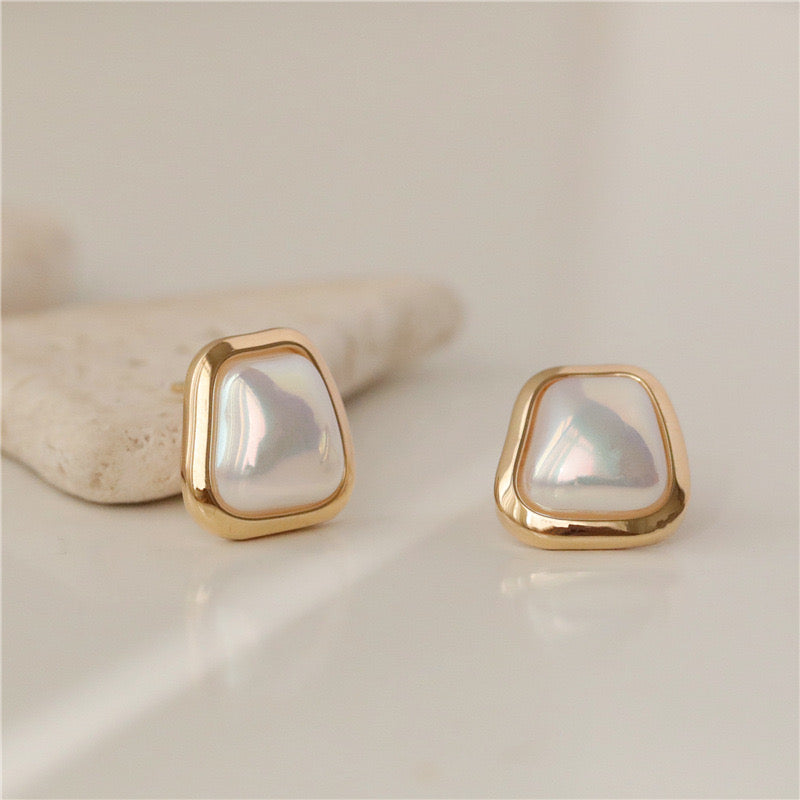 White Bulgy Stone Gold Stud Earrings