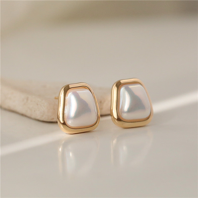 White Bulgy Stone Gold Stud Earrings