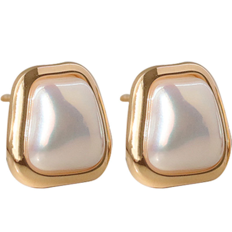 White Bulgy Stone Gold Stud Earrings