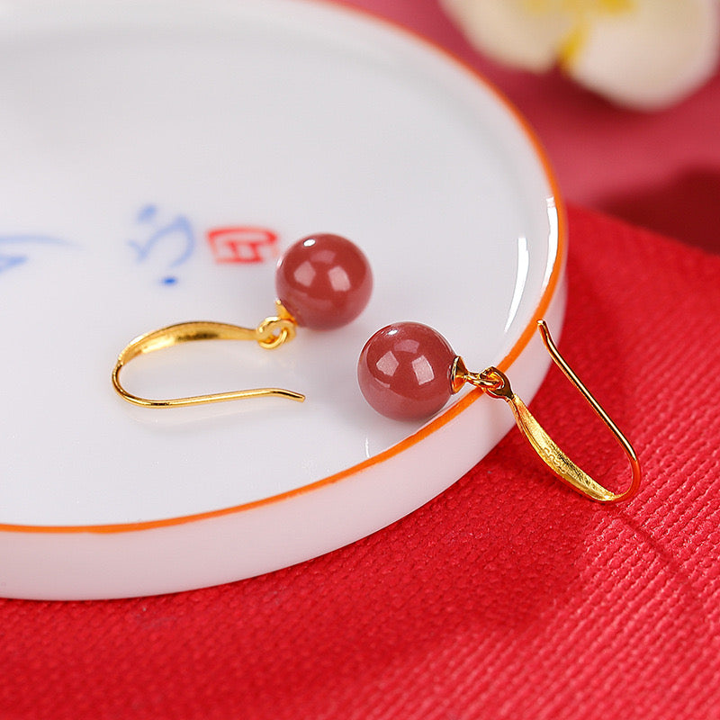 Red Pearl Gold Huggie Earrings