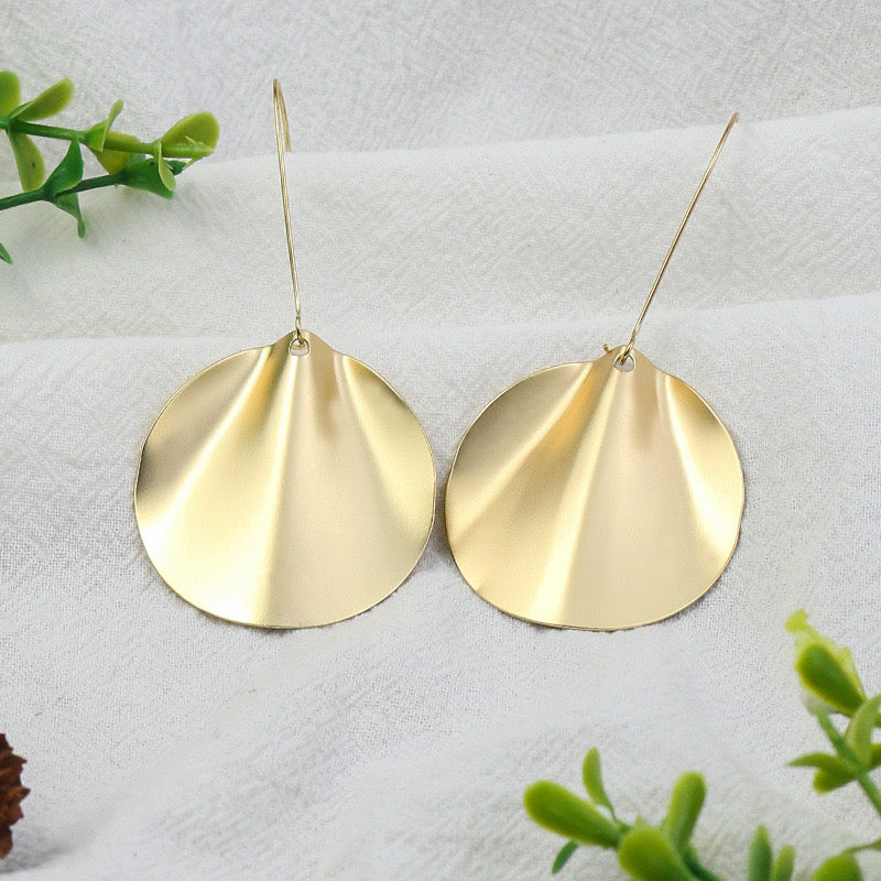 Dented Round Plate Gold Hook Drop Earrings