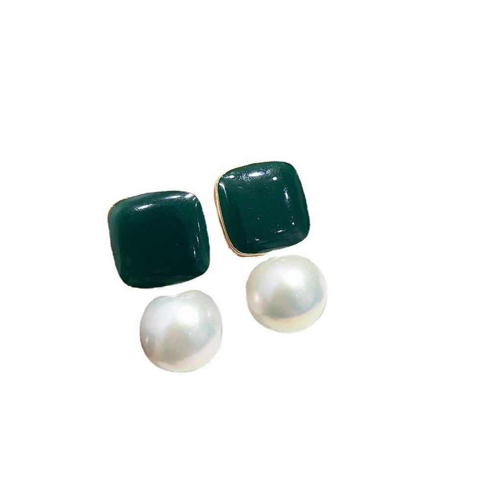 Green Stone Pearl Drop Earrings