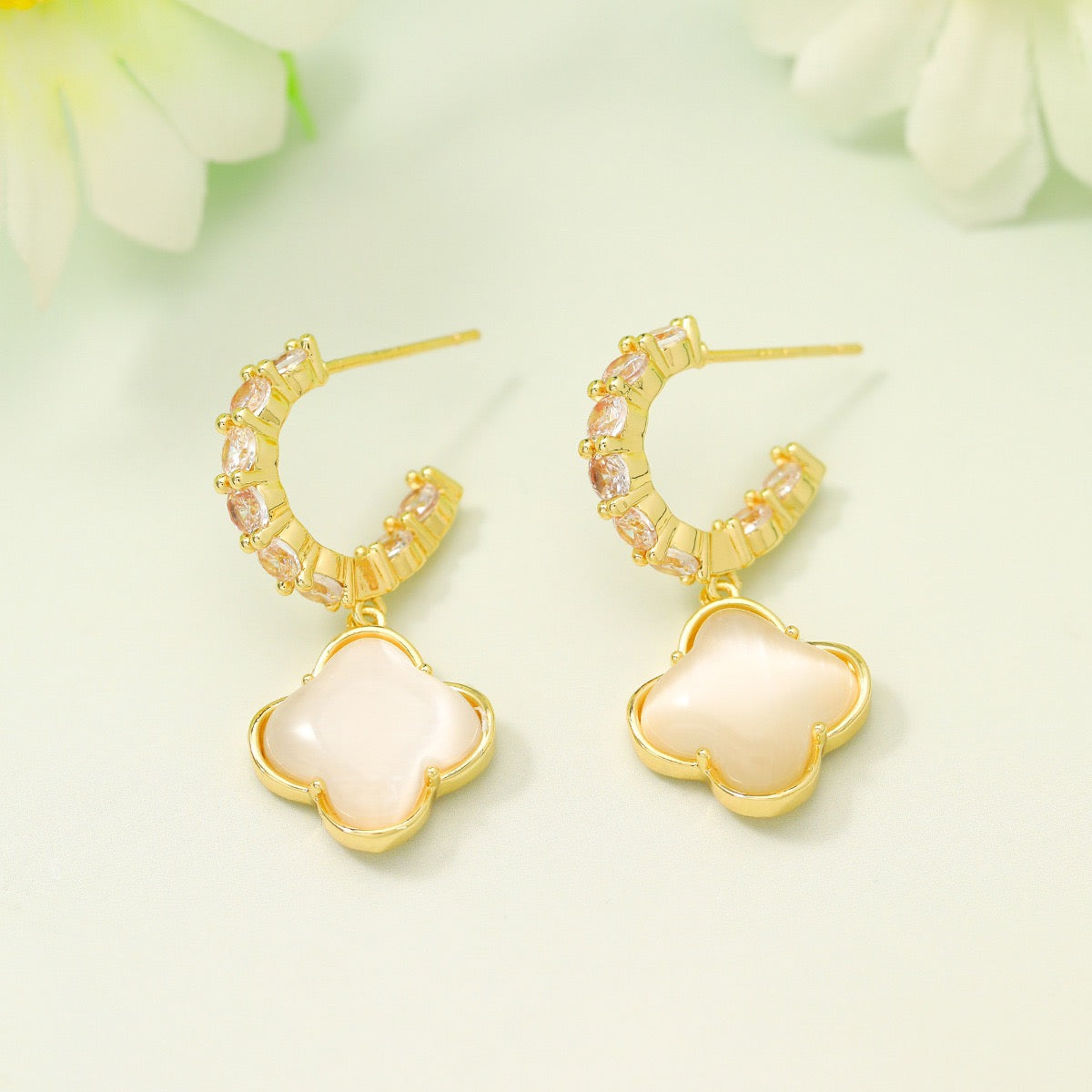 Gold Clover Zircon Huggie Earrings