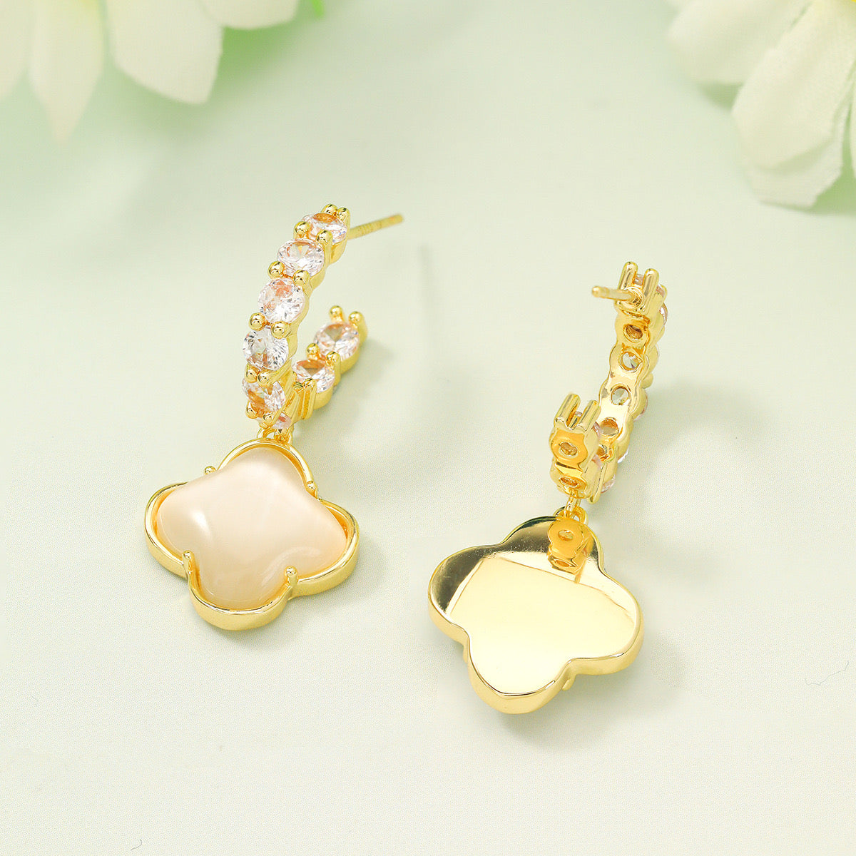 Gold Clover Zircon Huggie Earrings