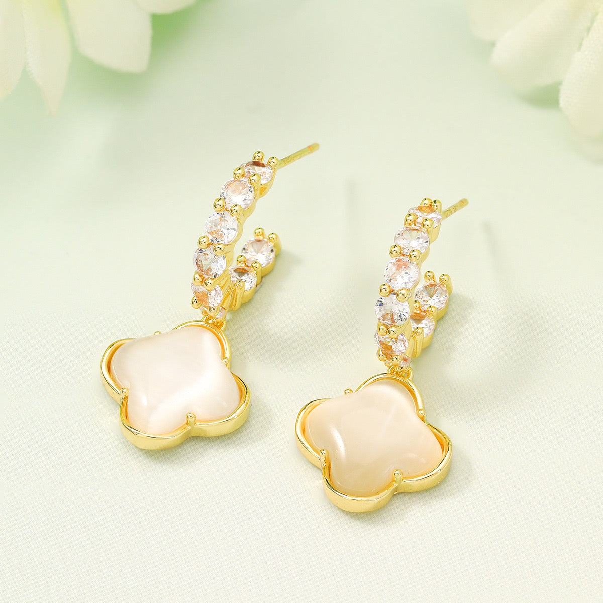 Gold Clover Zircon Huggie Earrings