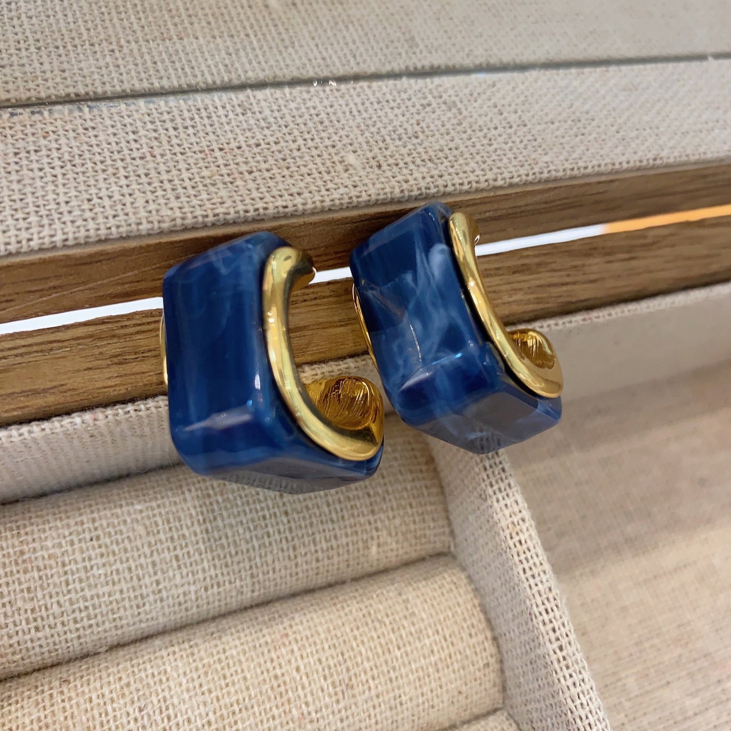 Antique Blue Vintage Gold Huggie Earrings