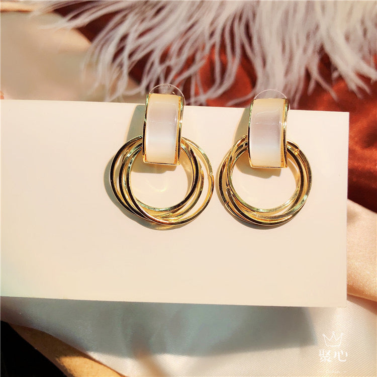 White Stone Open Ring Linked Gold Hoops