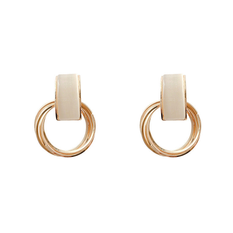 White Stone Open Ring Linked Gold Hoops