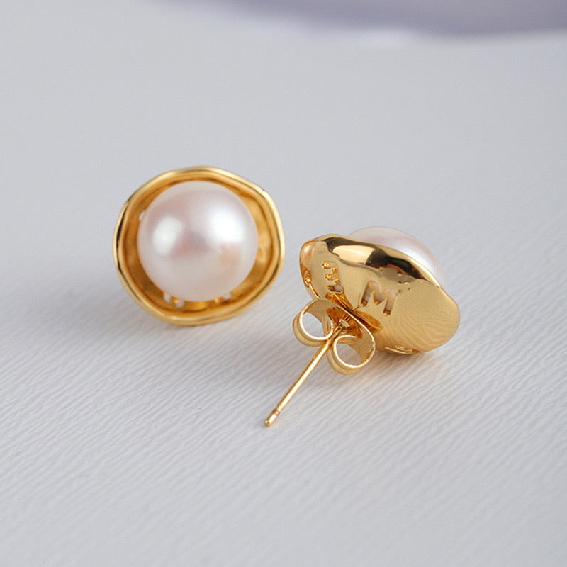 Blooming White Pearl Gold Stud Earrings