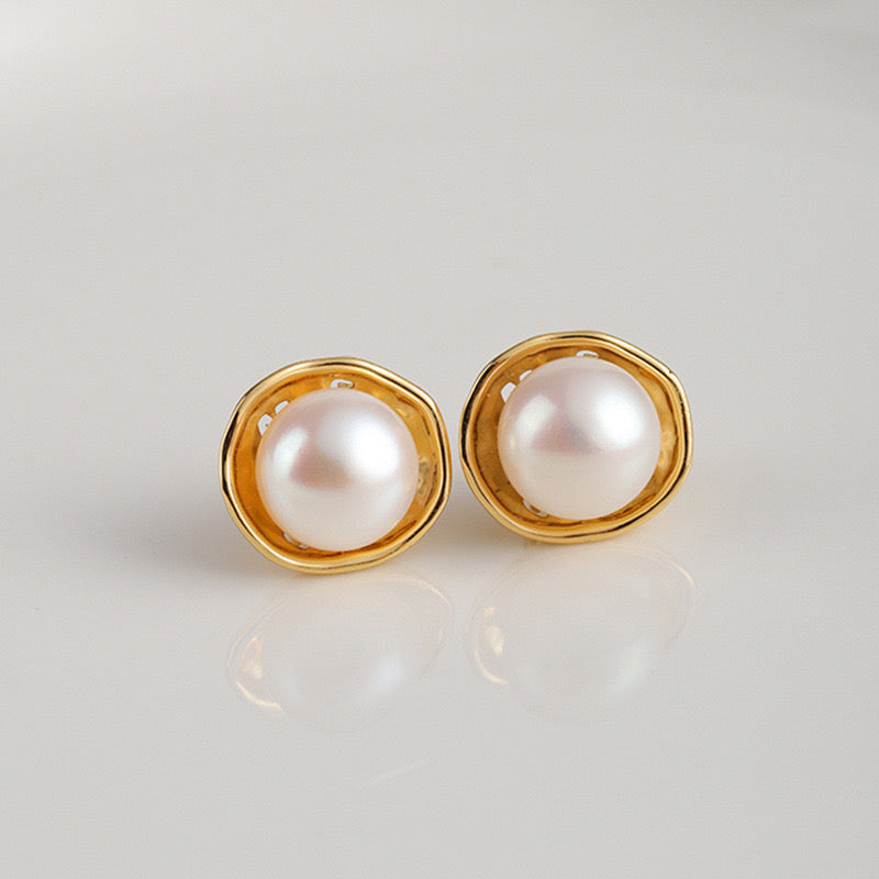 Blooming White Pearl Gold Stud Earrings