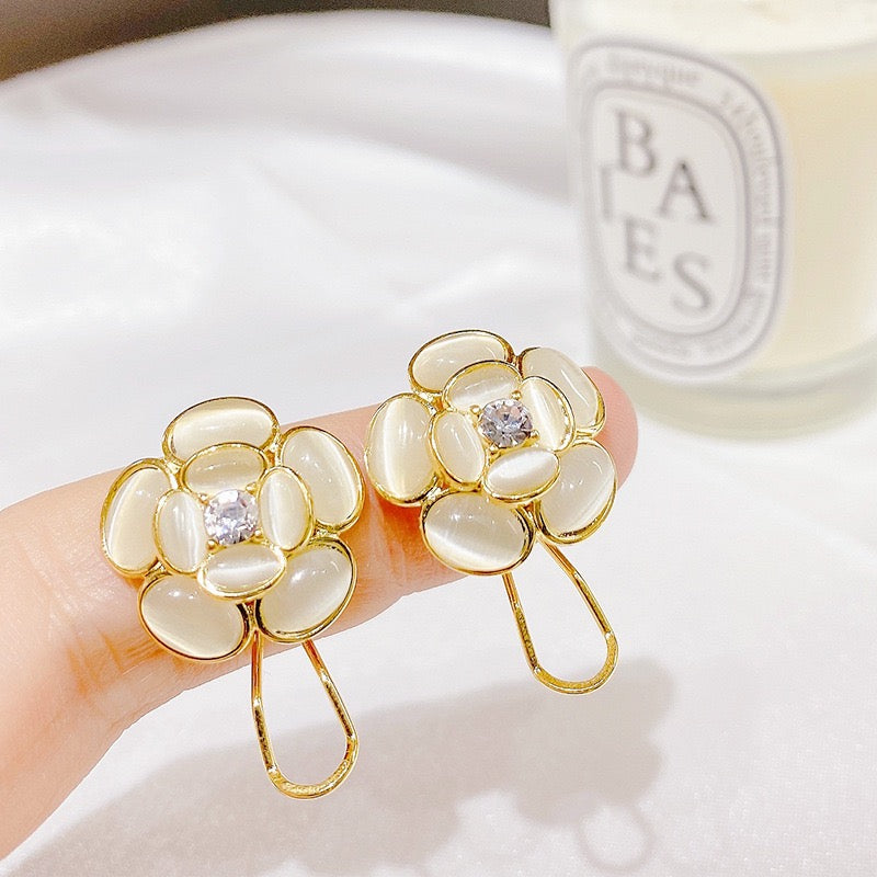 White Floral Diamante Gold Stud Earrings