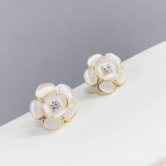 White Floral Diamante Gold Stud Earrings