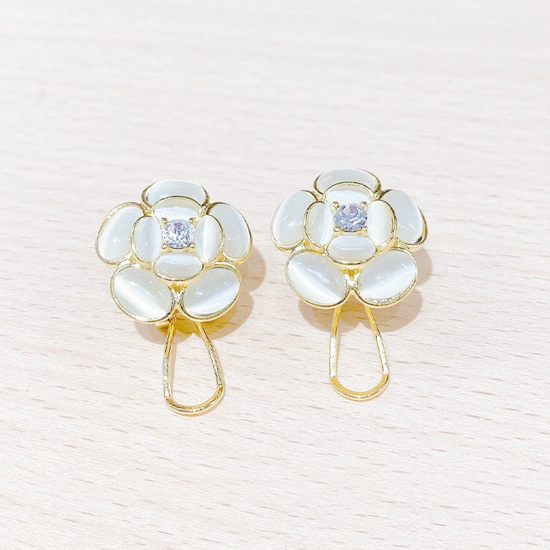 White Floral Diamante Gold Stud Earrings