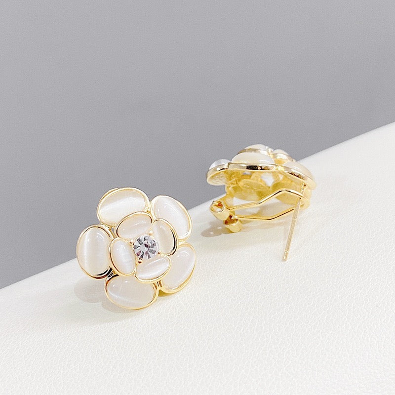 White Floral Diamante Gold Stud Earrings