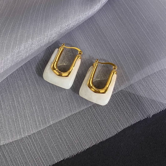 White Pillar Gold Huggie Earrings