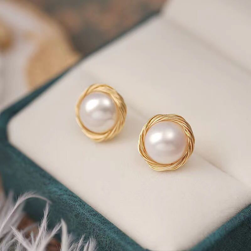 White Pearl Gold Loop Stud Earrings