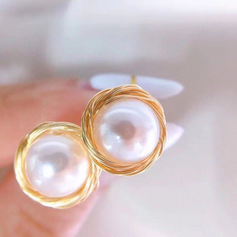 White Pearl Gold Loop Stud Earrings