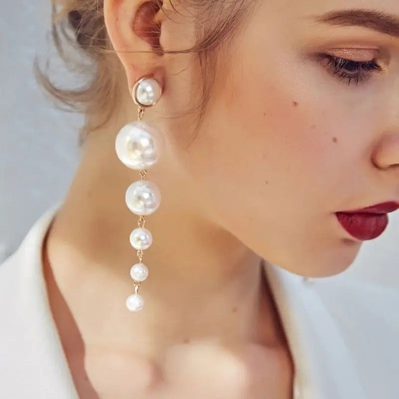 Multi White Pearls Long Drop Earrings