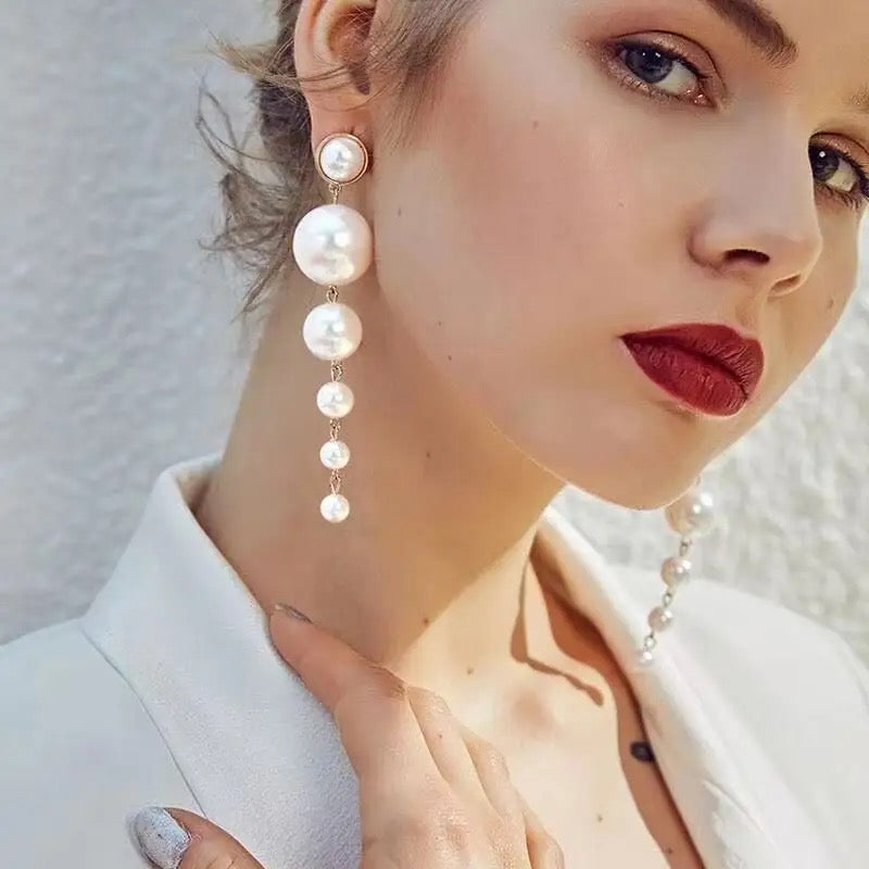 Multi White Pearls Long Drop Earrings