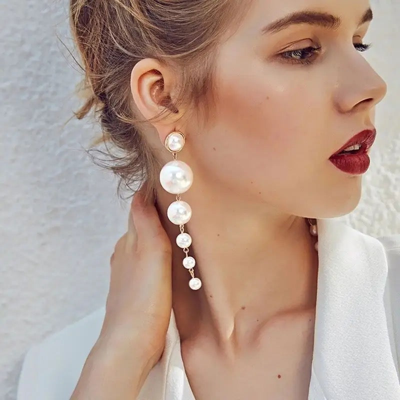 Multi White Pearls Long Drop Earrings