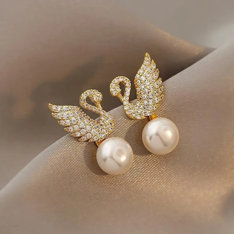 Zircon Swan Pearl Drop Earrings