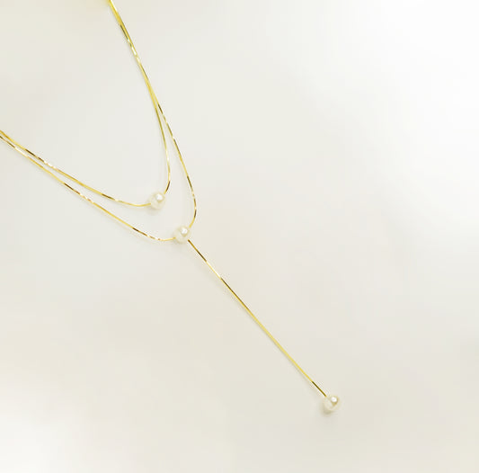 Multi Layer White Pearl Long Gold Necklace