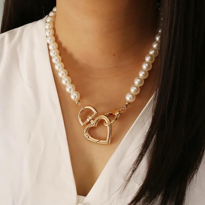 Heart gold pendant pearl necklace