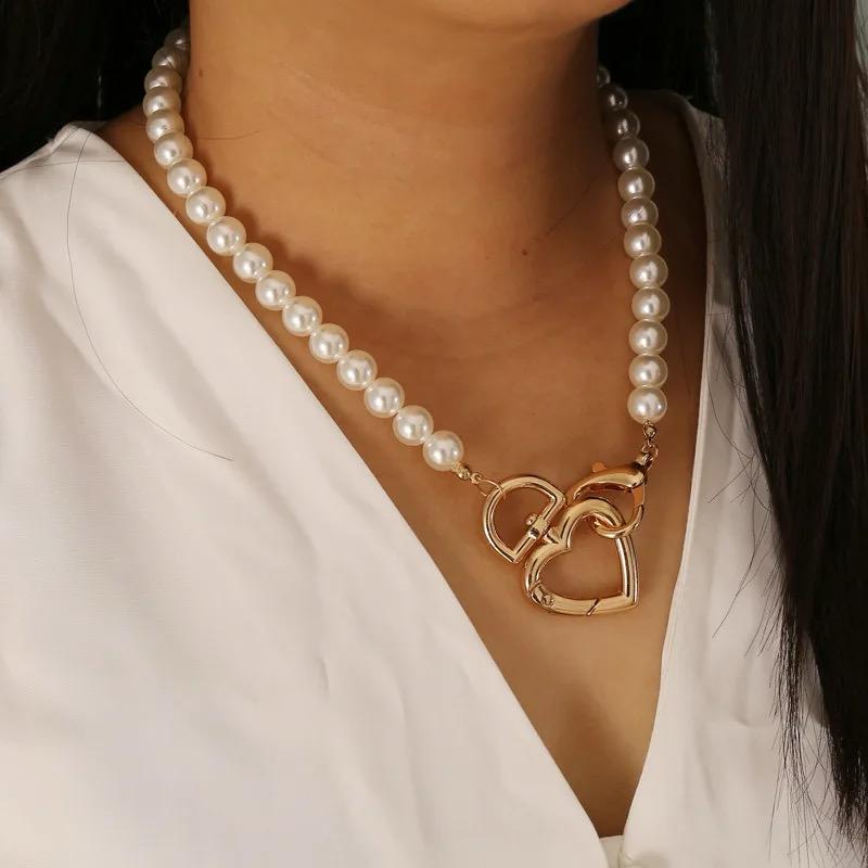 Heart gold pendant pearl necklace